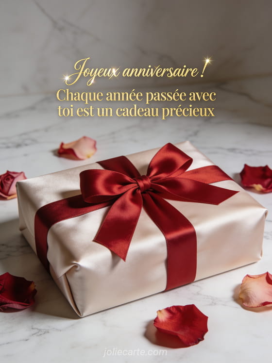 Cadeau emballé avec ruban satin rouge sur surface en marbre entouré de pétales de roses et texte anniversaire en lettres cursives dorées