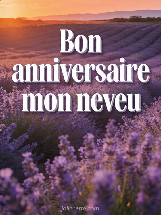 Champ de lavande au coucher du soleil avec tons violets et orangés et texte bon anniversaire mon neveu en lettres blanches 3D