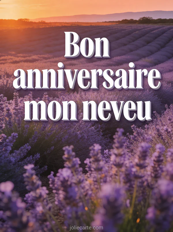 Champ de lavande au coucher du soleil avec tons violets et orangés et texte bon anniversaire mon neveu en lettres blanches 3D