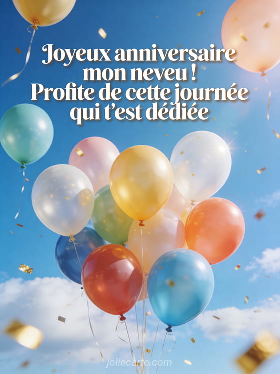 Ballons colorés flottant dans un ciel bleu avec confettis dorés et texte joyeux anniversaire mon neveu en typographie blanche