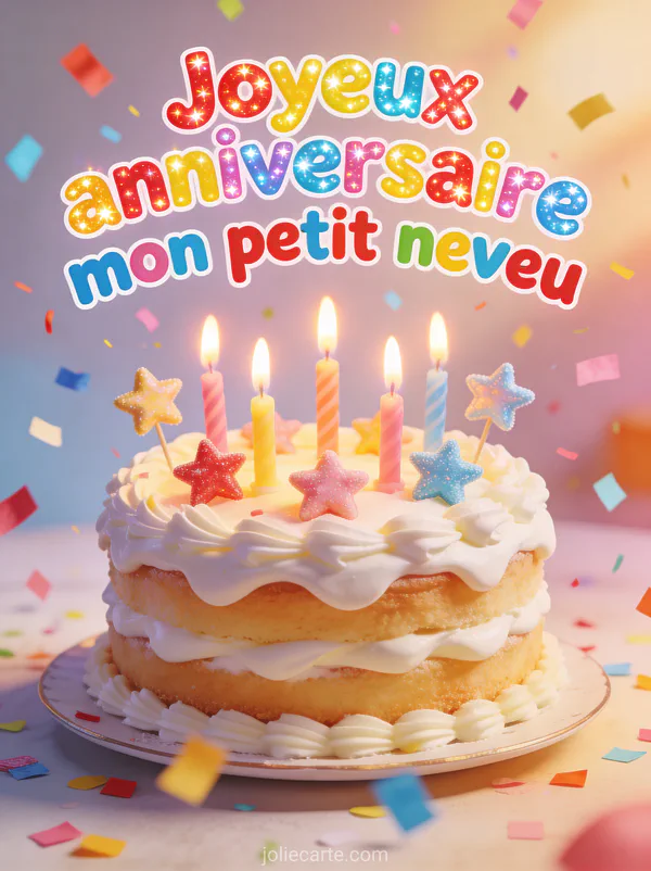 Gâteau d'anniversaire avec bougies allumées et étoiles sucrées entouré de confettis multicolores et texte joyeux anniversaire en lettres colorées