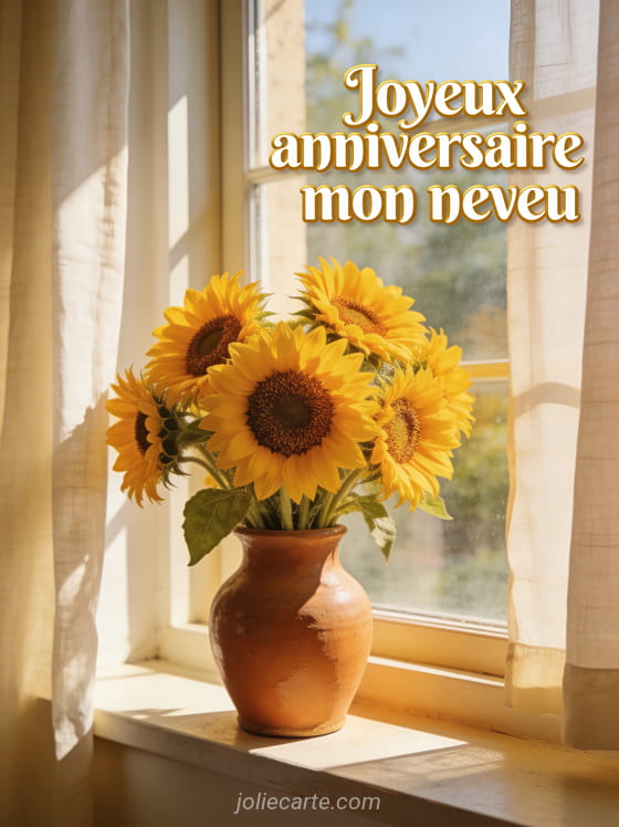 Bouquet de tournesols dans un vase en céramique sur un rebord de fenêtre ensoleillé avec texte joyeux anniversaire en lettres blanches et dorées