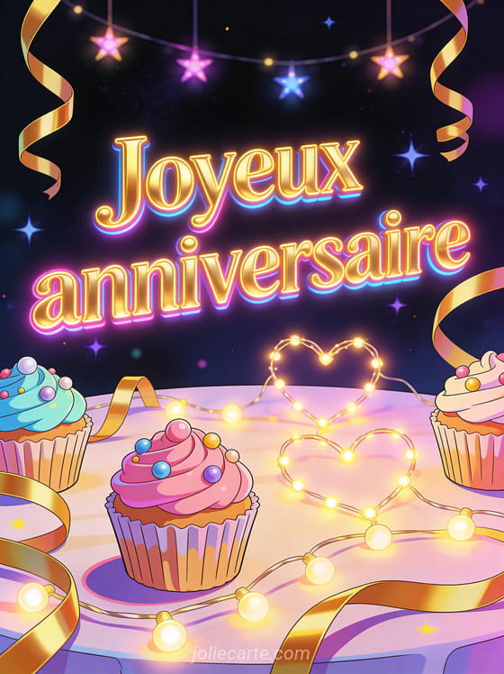 Table de fête avec cupcakes guirlandes lumineuses et serpentins dorés sous des lettres dorées néon joyeux anniversaire sur fond étoilé