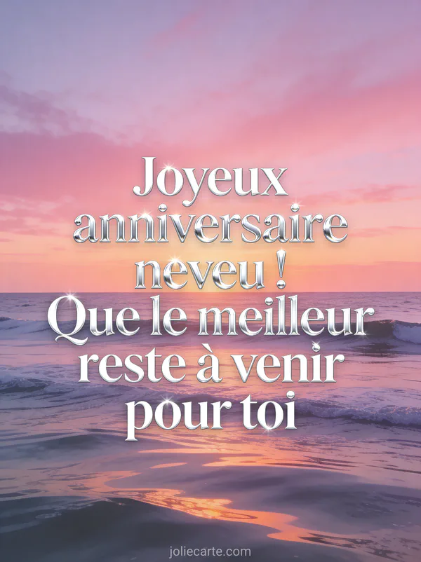 Océan au coucher du soleil avec vagues douces tons rose et violet dans le ciel et texte joyeux anniversaire en lettres blanches argentées