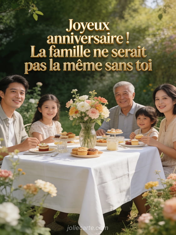 Jardin fleuri avec table dressée pour un goûter d'anniversaire nappe blanche fleurs dans un vase et lumière d'après-midi chaleureuse