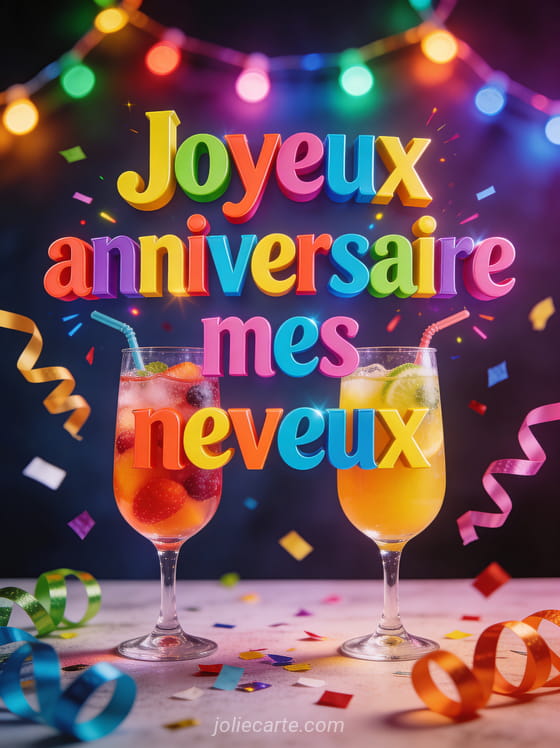 Deux verres de jus de fruits qui trinquent avec confettis et serpentins entourés de guirlandes lumineuses colorées ambiance de fête