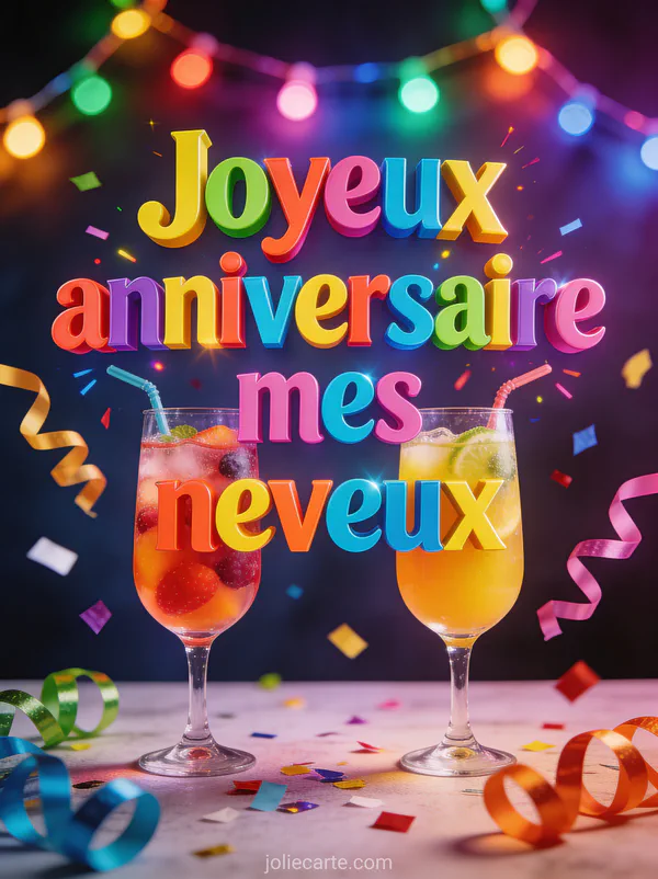 Deux verres de jus de fruits qui trinquent avec confettis et serpentins entourés de guirlandes lumineuses colorées ambiance de fête