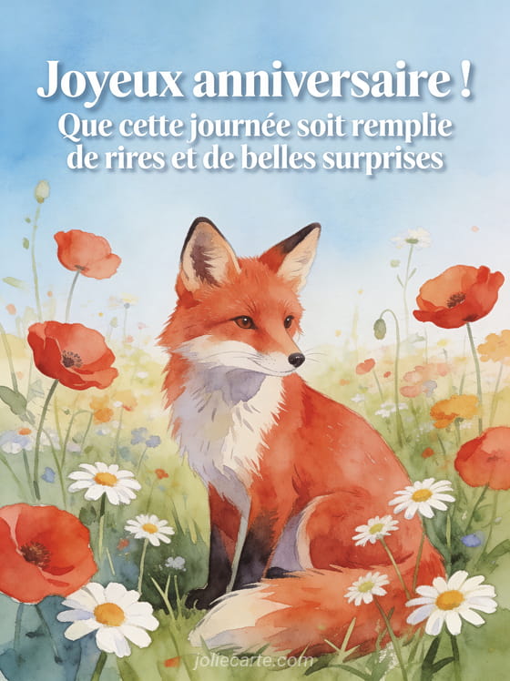 Illustration aquarelle d'un renard roux assis dans une prairie fleurie avec coquelicots et marguerites sous un ciel bleu clair