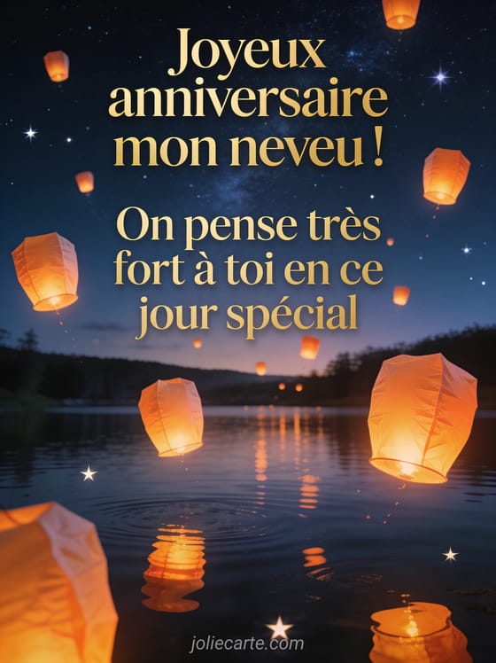 Lanternes volantes dans un ciel nocturne étoilé avec lueurs chaudes orangées et lac reflétant les lumières ambiance magique