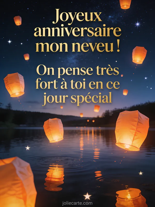 Lanternes volantes dans un ciel nocturne étoilé avec lueurs chaudes orangées et lac reflétant les lumières ambiance magique