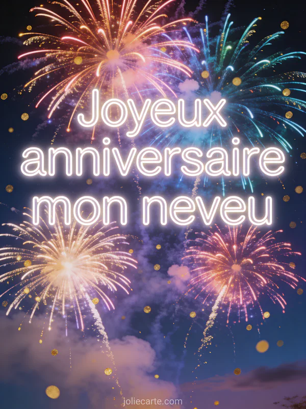 Feux d'artifice multicolores explosant dans un ciel nocturne avec étincelles dorées et texte joyeux anniversaire en lettres néon blanches