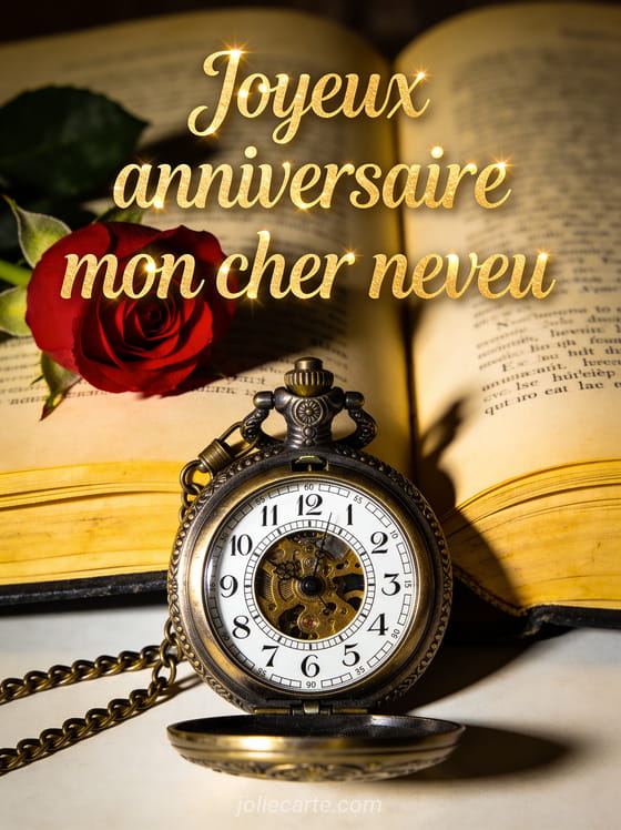 Montre de poche ancienne posée sur un livre ouvert aux pages jaunies avec une rose rouge éclairage clair-obscur chaleureux ambiance vintage