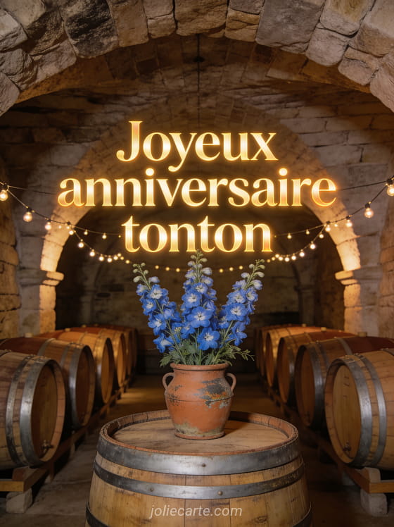 Lettres dorées Joyeux anniversaire tonton dans une cave voûtée avec tonneaux et guirlandes lumineuses, delphiniums bleus