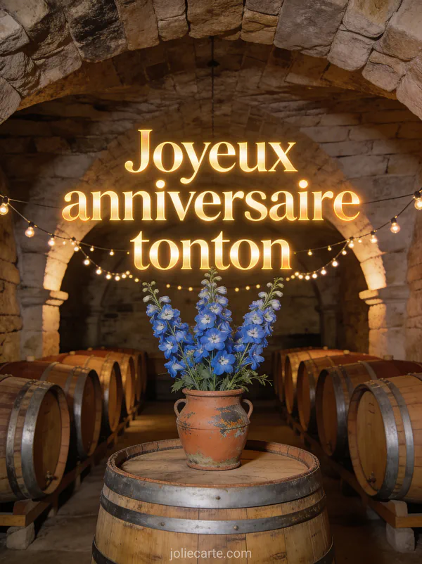Lettres dorées Joyeux anniversaire tonton dans une cave voûtée avec tonneaux et guirlandes lumineuses, delphiniums bleus