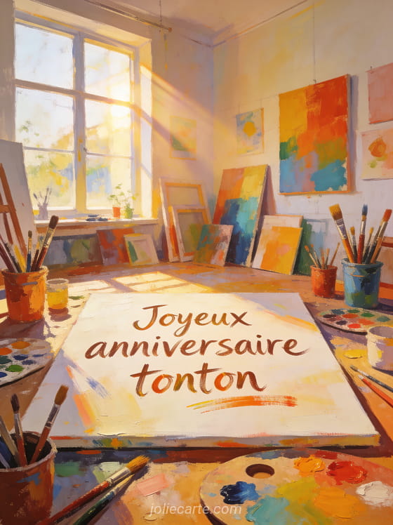 Texte Joyeux anniversaire tonton en style peinture à l’huile dans un atelier lumineux avec toiles colorées et pinceaux