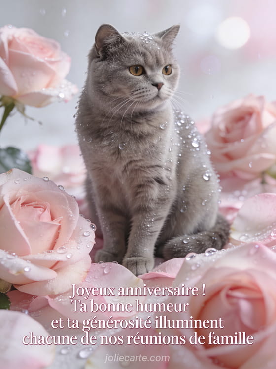 Chat british shorthair gris parmi des roses couvertes de rosée avec le texte Joyeux anniversaire et message affectueux