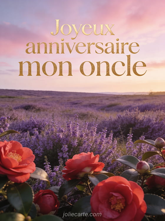 Texte Joyeux anniversaire mon oncle en lettres dorées sur une lande de bruyère violette avec camélias rouges au coucher du soleil