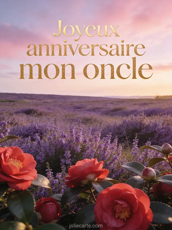 Texte Joyeux anniversaire mon oncle en lettres dorées sur une lande de bruyère violette avec camélias rouges au coucher du soleil