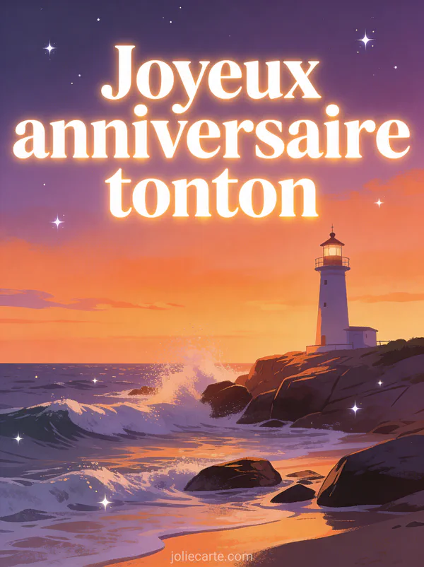 Phare au crépuscule avec ciel orangé et violet, lettres lumineuses Joyeux anniversaire tonton, vagues sur les rochers