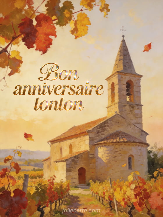 Lettres dorées Bon anniversaire tonton devant une chapelle en pierre au milieu des vignes aux feuilles d’automne