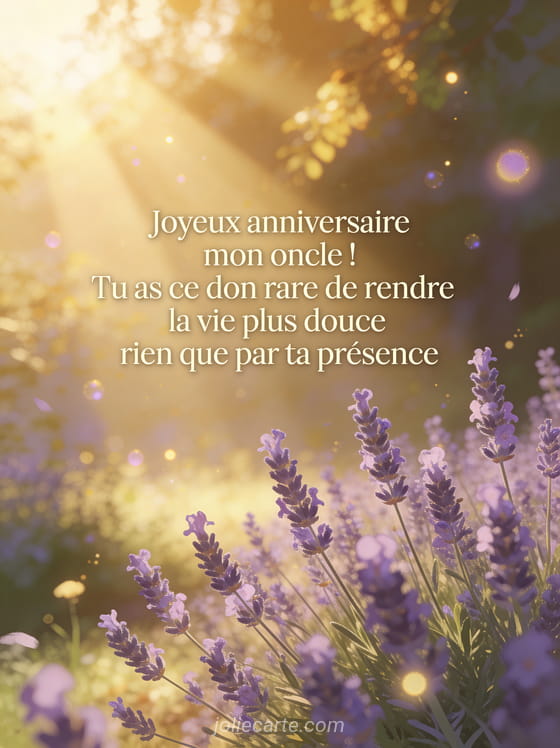 Clairière baignée de lumière dorée avec lavande en fleur et texte élégant Joyeux anniversaire mon oncle, particules lumineuses