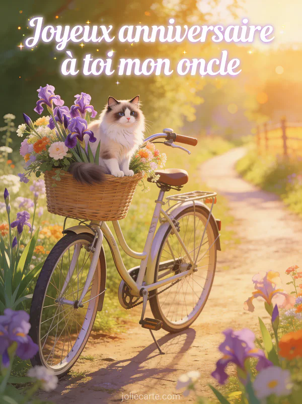 Vélo vintage avec panier d’iris violets et chat ragdoll sur un chemin de campagne ensoleillé, texte Joyeux anniversaire