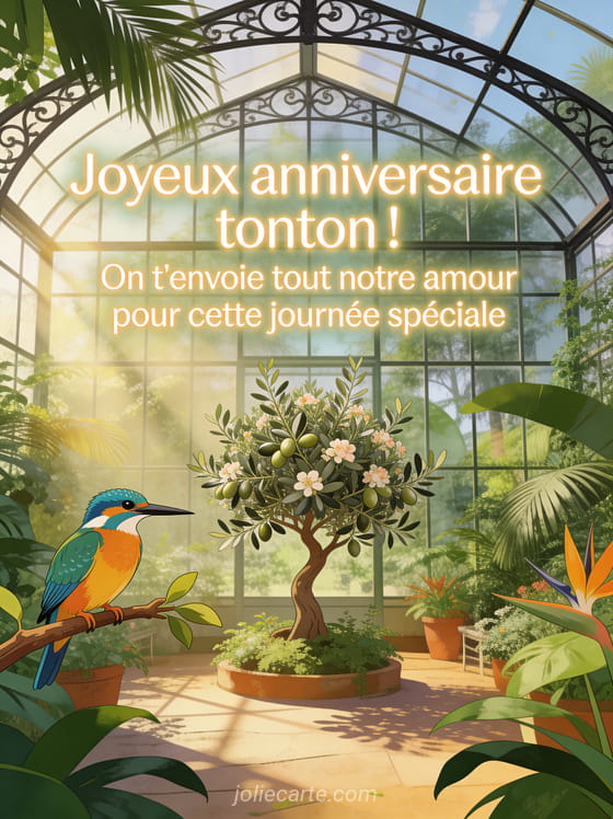Serre tropicale avec verrière en fer forgé, martin-pêcheur coloré sur une branche et olivier en fleurs, texte anniversaire