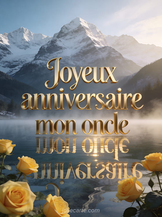 Lac de montagne aux reflets parfaits avec sommets enneigés, roses jaunes au bord de l’eau et texte doré Joyeux anniversaire