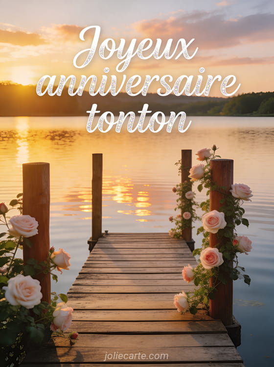 Embarcadère en bois au bord d’un lac calme avec églantines roses, texte cursif Joyeux anniversaire tonton au coucher du soleil