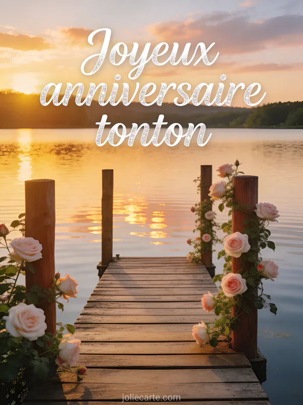 Embarcadère en bois au bord d’un lac calme avec églantines roses, texte cursif Joyeux anniversaire tonton au coucher du soleil