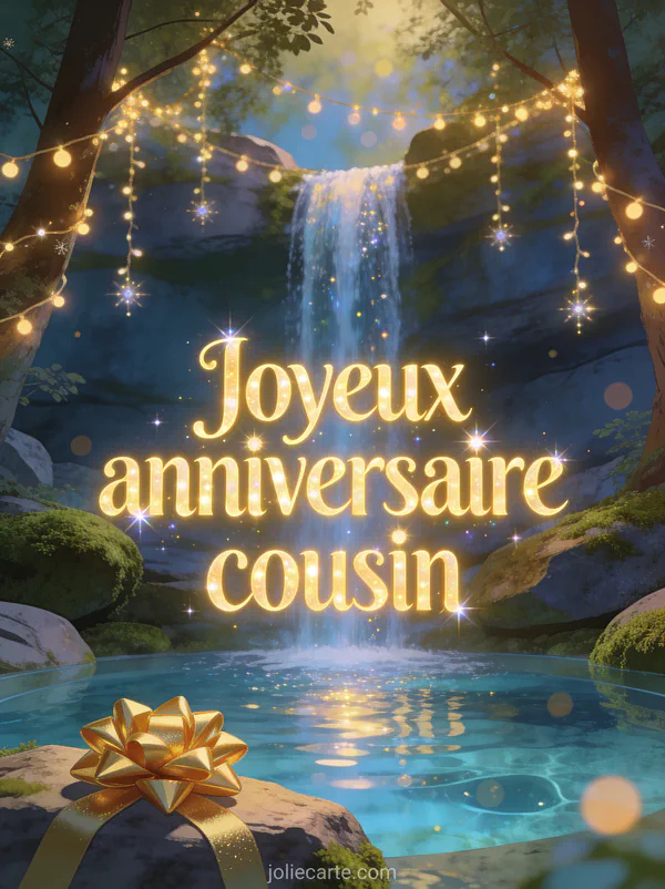 Lettres dorées lumineuses Joyeux anniversaire cousin devant une cascade avec guirlandes et noeud de cadeau doré