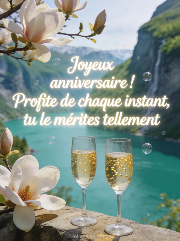 Lettres cursives blanches lumineuses sur un fjord turquoise avec magnolias en fleurs et coupes de champagne