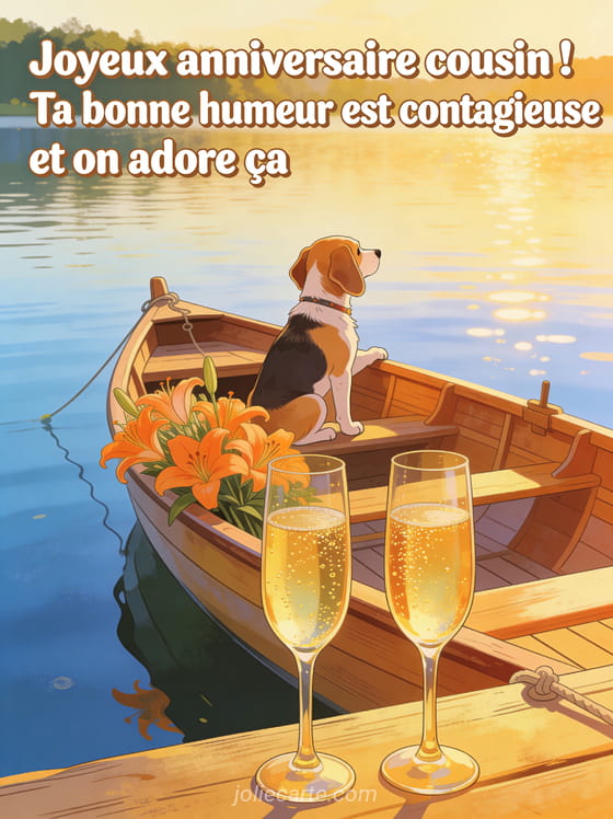 Lettres blanches arrondies sur un lac calme avec un beagle dans une barque, lys oranges et coupes de champagne