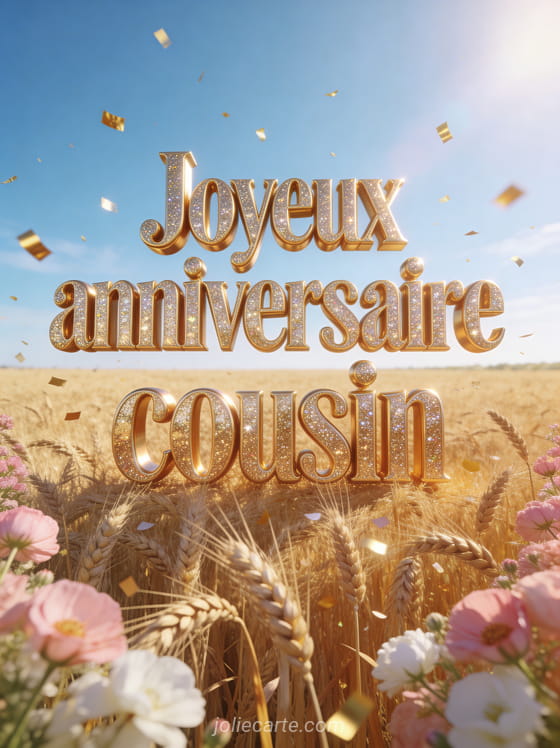 Lettres dorées brillantes avec effet glitter dans un champ de blé doré, oeillets roses et confettis dorés