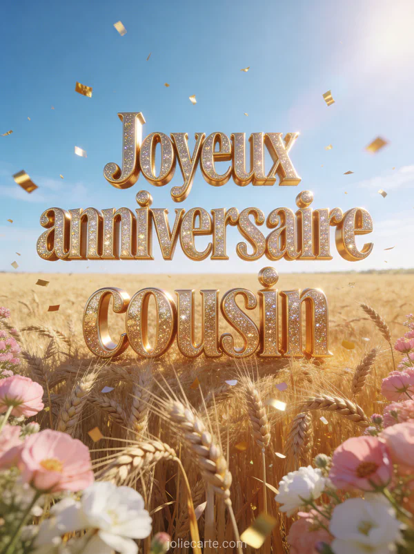 Lettres dorées brillantes avec effet glitter dans un champ de blé doré, oeillets roses et confettis dorés