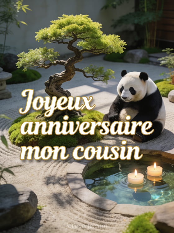 Lettres blanches calligraphiées avec bordure dorée dans un jardin zen avec bonsaï et panda géant près de bougies flottantes