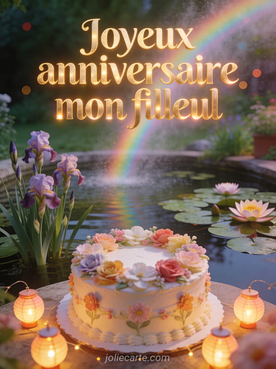 Bassin de jardin avec iris d'eau et lotus, gâteau décoré de fleurs et lampions avec le texte Joyeux anniversaire mon filleul