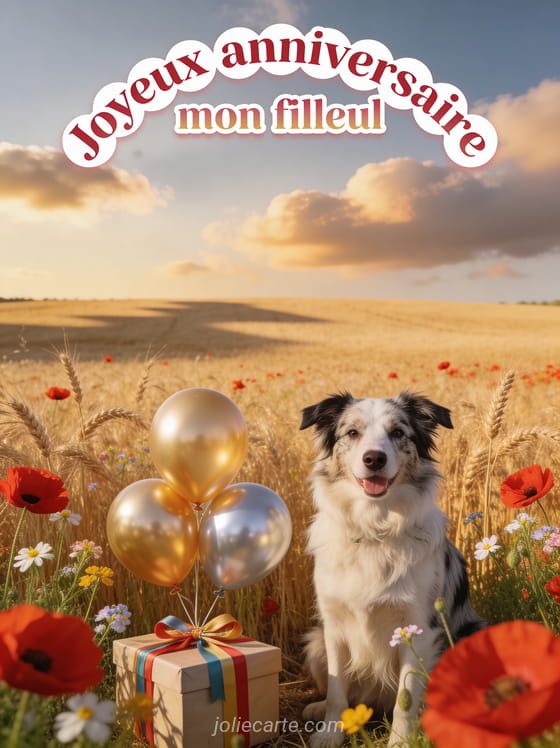 Champ de blé doré avec coquelicots, un border collie assis, cadeau et ballons avec le texte Joyeux anniversaire mon filleul