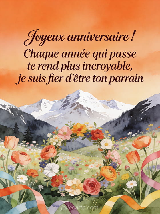 Vallée alpine avec fleurs sauvages et sommets enneigés, renoncules et couronne de fleurs festive, style aquarelle