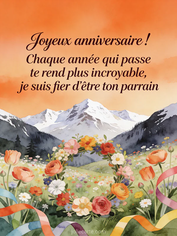 Vallée alpine avec fleurs sauvages et sommets enneigés, renoncules et couronne de fleurs festive, style aquarelle