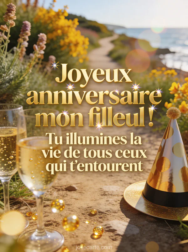 Sentier côtier avec ajoncs et genêts, coupes de champagne dorées et chapeau de fête avec le texte Joyeux anniversaire mon filleul