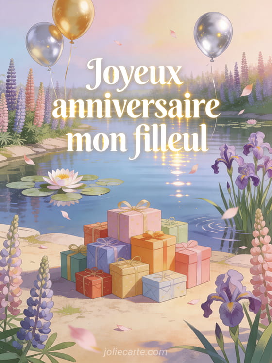 Étang paisible avec nénuphars et iris d'eau, lupins en fleurs, ballons dorés et cadeaux colorés avec le texte Joyeux anniversaire mon filleul