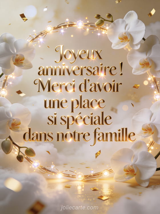 Texte Joyeux anniversaire en lettres dorées avec orchidées blanches, guirlande lumineuse et confettis dorés sur fond crème