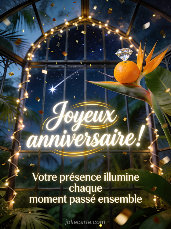 Texte Joyeux anniversaire en calligraphie blanche lumineuse dans une serre tropicale avec diamant mandarin et confettis dorés