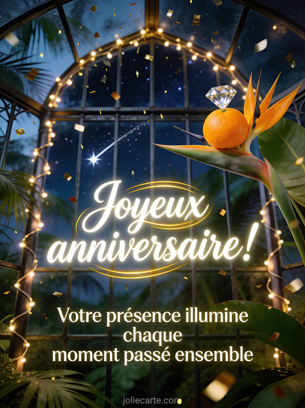 Texte Joyeux anniversaire en calligraphie blanche lumineuse dans une serre tropicale avec diamant mandarin et confettis dorés