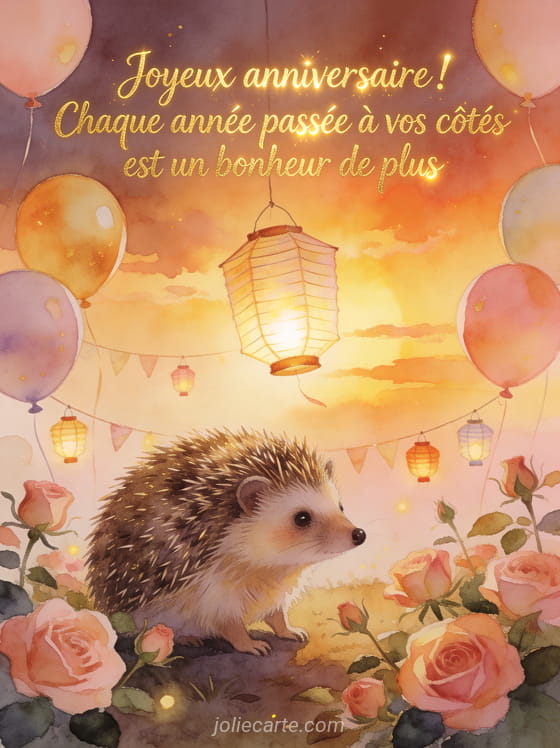Texte Joyeux anniversaire en lettres dorées manuscrites avec lanterne flottante, ballons colorés et hérisson parmi des églantines en aquarelle