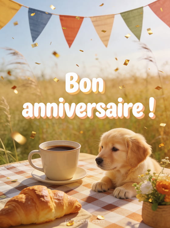 Texte Bon anniversaire avec tasse de café, croissant, bouquet de fleurs et chiot golden retriever sur nappe à carreaux