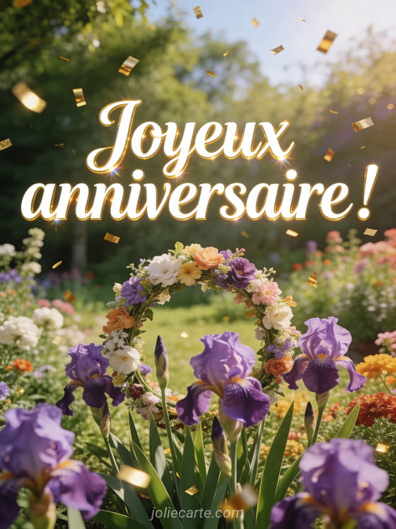 Texte Joyeux anniversaire en lettres blanches à contour doré dans un jardin champêtre fleuri avec iris violets et confettis dorés