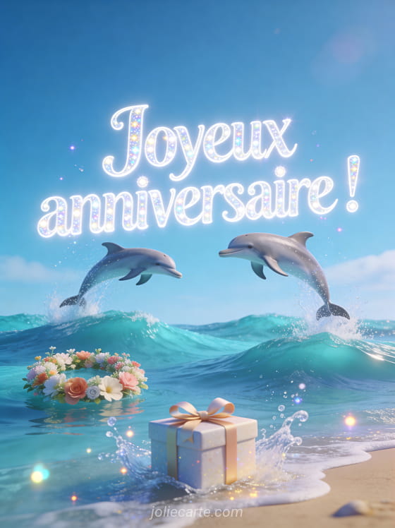 Texte Joyeux anniversaire en lettres blanches lumineuses avec dauphins sautant au-dessus de vagues turquoise et couronne de fleurs flottante