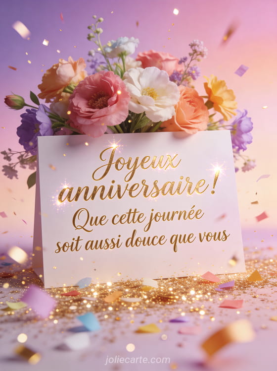 Texte Joyeux anniversaire en calligraphie dorée avec bouquet de fleurs colorées, confettis et paillettes dorées sur fond pastel